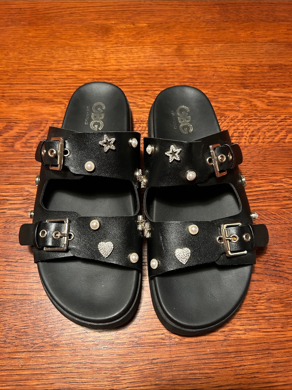 GBG Los Angeles Black Embellished Double-Buckle Kids Slide Sandals